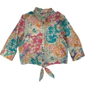 Chicos Floral Paisley Non Iron Button Up Front Tie Shirt Size 1 US 8/M W459